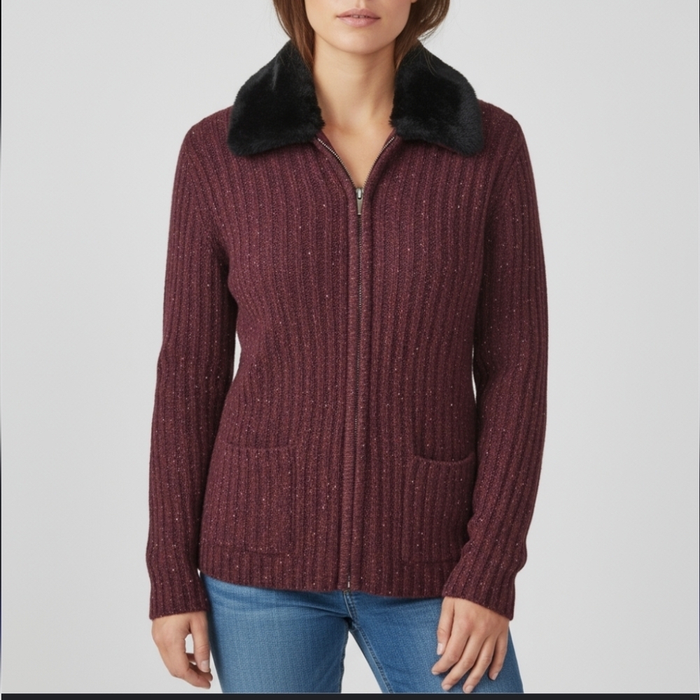 Vtg Burgundy Marled Ribbed Zip-Up Sweater Wool Blend Black Faux Fur Collar Sz S - Picture 7 of 8